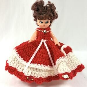 Red & White Crocheted Vintage Doll Toilet Paper Roll Topper Cover